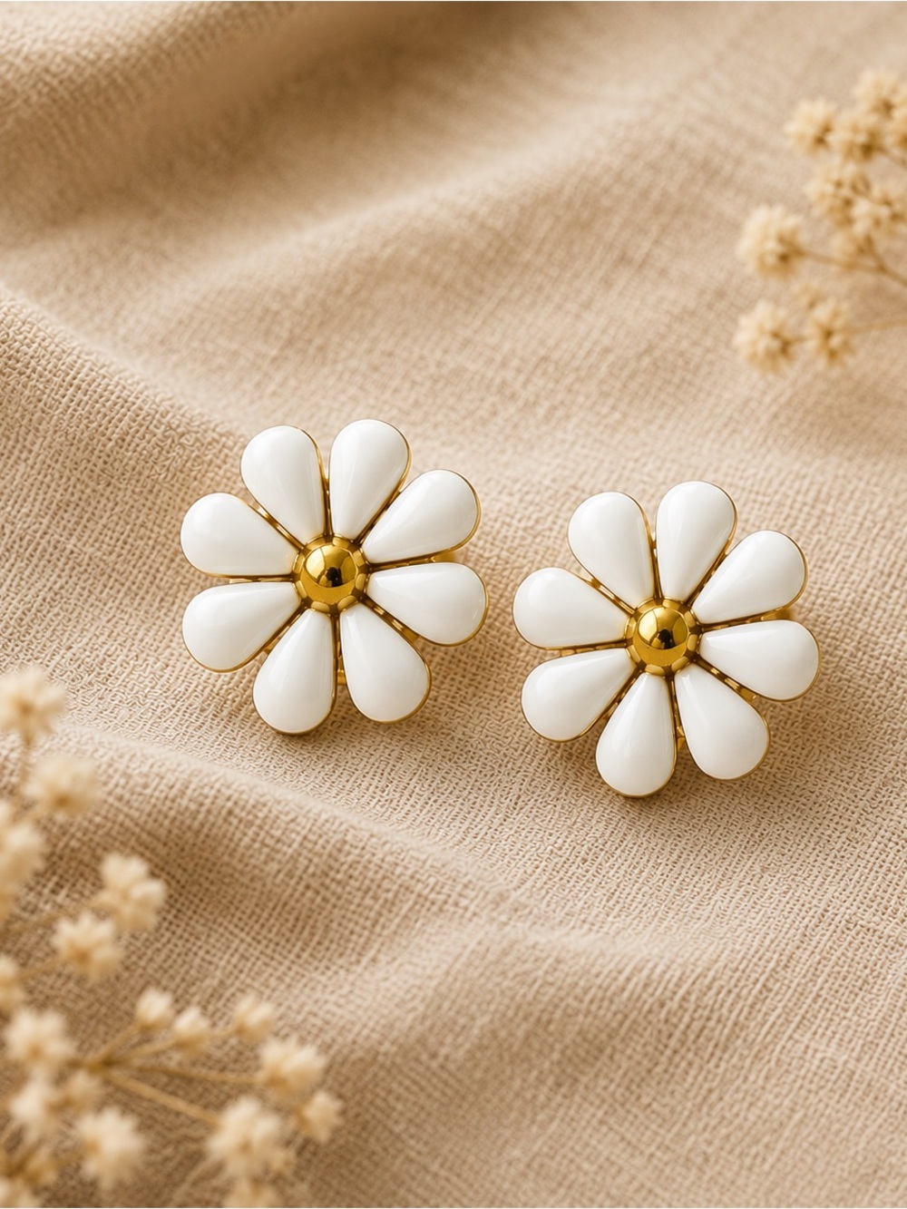 Gold & White Daisy Flower Stud Earrings - Women Jewelry